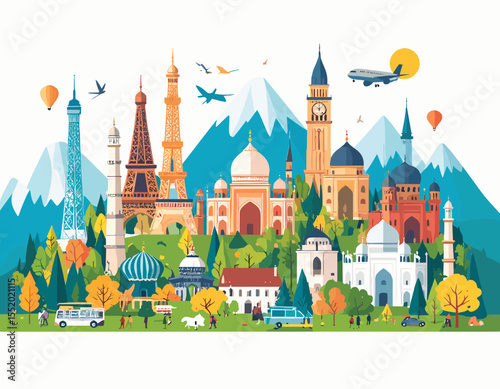 Vibrant Pixel Art Illustration of World Landmarks and Natural Wonders Against White Sky