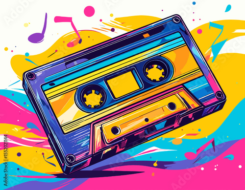 Vibrant Pixel Art of a Classic Audio Cassette with Bold Colors on White Background Vintage Music Design