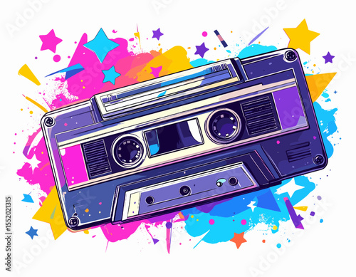 Vibrant Pixelated Cassette Tape on a Splashy Background with Retro Appeal and Colorful Accents Depicting an 80s Audio Style