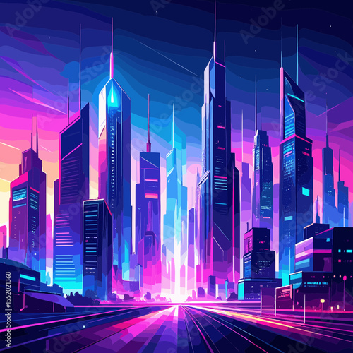 Vibrant Pixelated Cityscape at Night with Futuristic Neon Lights Purple and Blue Glowing Urban Skyline with Geometric Buildings