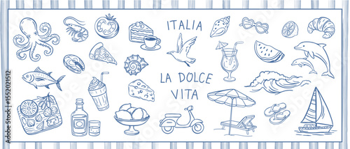 Summer vacation on the Amalfi coast with lemon, oysters, scooter, car, lemon, dishes, seafood. Coastal lifestyle reflecting the spirit of travel in Italy. Vector illustration in hand drawn pencil sket