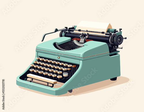 Vintage Teal Typewriter with White Paper Pixelated Isolated on Beige Background Detailed Still Life