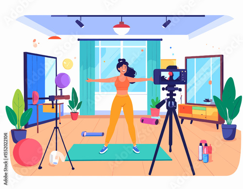 Woman in Orange Top Doing Exercise at Home in a Brightly Lit Room with Camera on Tripod and Fitness Equipment