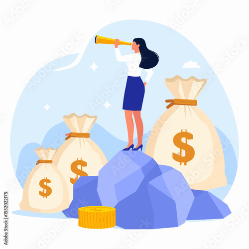 Woman on Rocks with Telescope Looking Towards Success Beside Stacked Coins and Money Bags Vector Illustration with Light Blue Background
