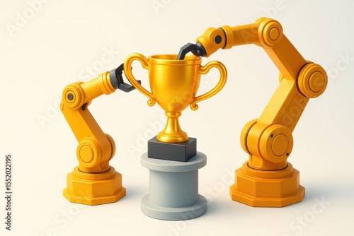 Two robotic arms presenting a shiny golden trophy on a pedestal with a soft background