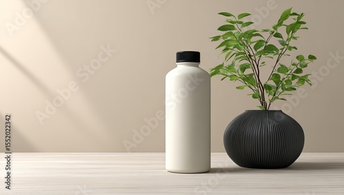  A mockup of a white plastic bottle with a black cap, standing on a table next to a ceramic vase with a plant in it, against a light beige background, with a soft shadow under the product and soft,