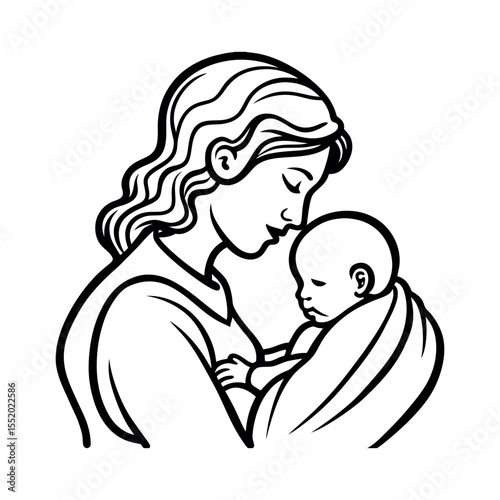 Mother's Love Tender Line Art of a Mother and Baby