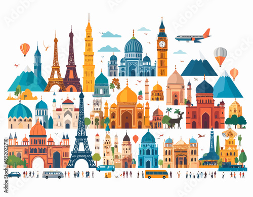 World Travel Destinations Featuring Cultural Landmarks and Architectural Wonders Against a White Background