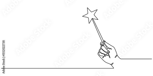 magic wand with hand continuous one line drawing, Single one line drawing hand holding magic wand. Decorative magic wand with magic trace. Star shape magic accessory design graphic vector illustration