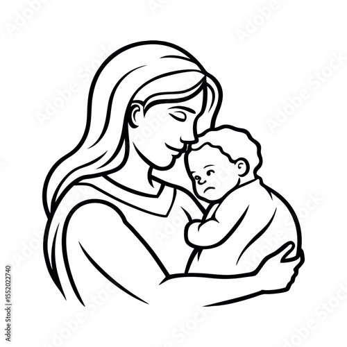 Tender Motherly Love A Line Art Illustration of a Mother and Baby