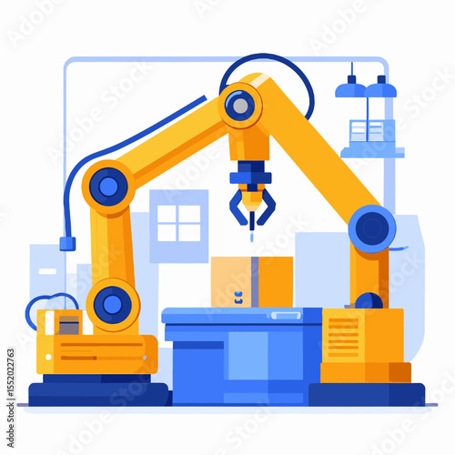 Yellow and Blue Robotic Arm Lifting Cardboard Box in Manufacturing Process Industrial Automation Machinery with Modern Design and Vector Illustration