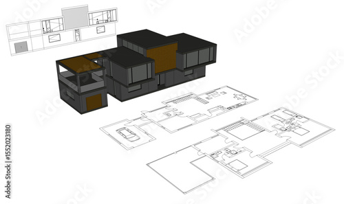 Modern house building sketch architectural 3d rendering