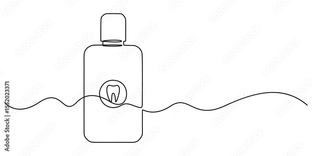 Obraz premium Mouthwash in one continuous line. One line drawing, minimalism. Vector illustration, mouthwash pro vector concept. mouthwash bottle, Dental care products, Dispenser Bottle with Liquid white background