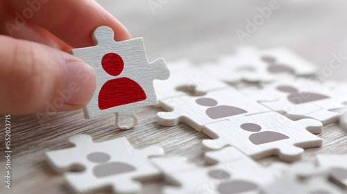 Hand Fitting Puzzle Piece with Red Person Silhouette Into White Pieces Teamwork Concept