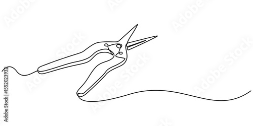 Continuous one line drawing of secateurs plant equipment. Plant scissors in single line draw Vector Illustration, Editable Stroke,  cutting plier in silhouette sketch, line art pliers vector concept.