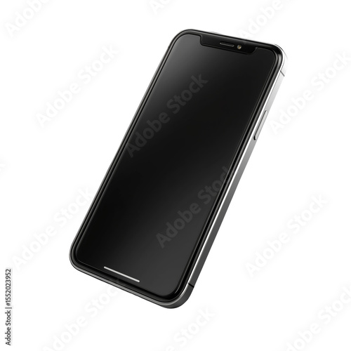 Modern black smartphone isolated on a transparent background. Blank screen, slim design, angled top view. Mobile phone device used for communication, apps, internet, and digital tools.