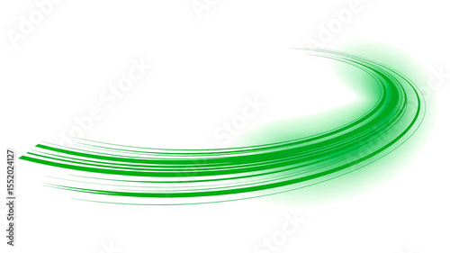 A digital illustration of a curved green light trail against a pure white background
