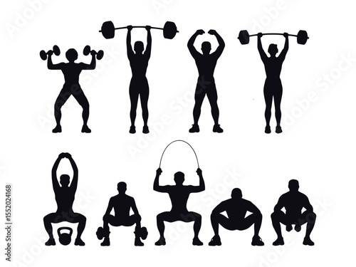 Fitness and Gym Silhouette Vector Set, Black and White Workout Poses and Exercise Illustrations