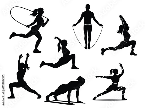 Workout Silhouettes, A collection of dynamic silhouettes depicting various fitness exercises, including jump rope, stretching, and strength training. Perfect for fitness websites, blogs.