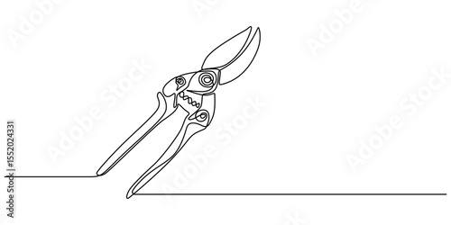 Continuous one line drawing of secateurs plant equipment. Plant scissors in single line draw Vector Illustration, Editable Stroke,  cutting plier in silhouette sketch, line art pliers vector concept.