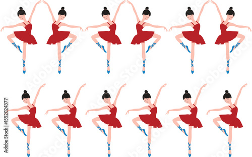 Vector art of twelve ballerinas in red tutus isolated on white background