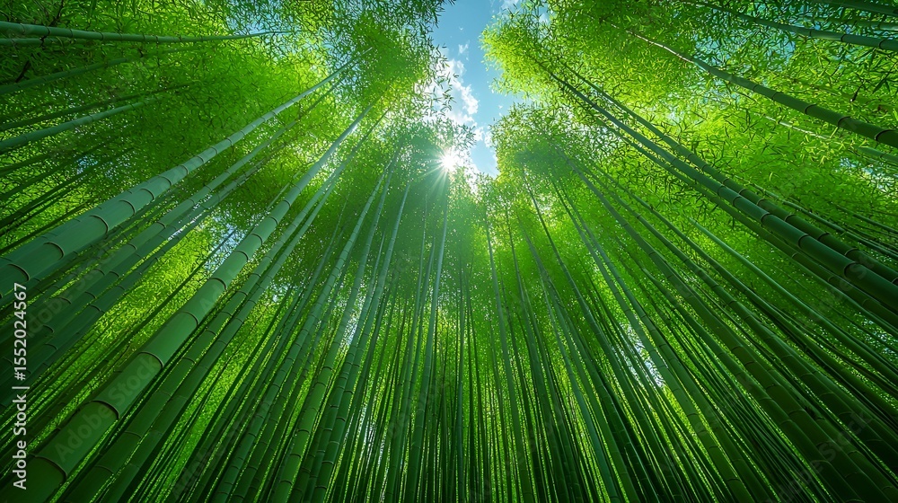 Sunlit bamboo forest, vibrant green stalks reaching sky. Sunlit bamboo forest, vibrant green stalks reaching sky.