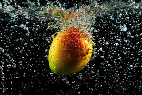 Action shot of mango submerged halfway, splash and droplets suspended