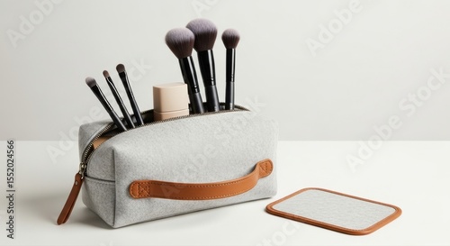 Cosmetic brushes, cream jar, and a gray makeup bag are on the white table