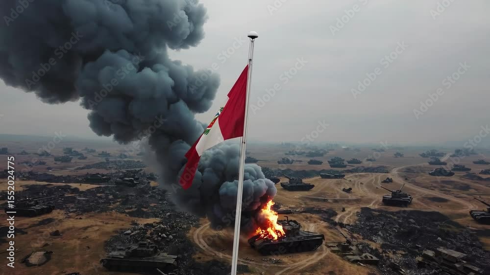 Drone flies over Peru’s battlefield. Amid smoke and wreckage, a torn red and white flag waves—cinematic symbol of national pride, resilience, and identity