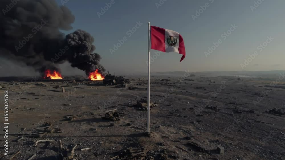 Drone flies over Peru’s battlefield. Amid smoke and wreckage, a torn red and white flag waves—cinematic symbol of national pride, resilience, and identity