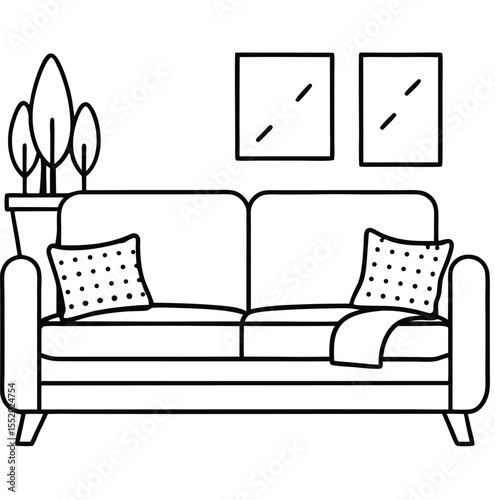 Simple line art illustration of a modern living room sofa with decorative pillows and a throw blanket featuring two square wall art pieces and a potted plant