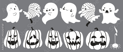 Vector art of cute cartoon ghosts and pumpkins isolated on gray background