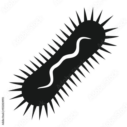 a black and white minimalist icon of a single bacterium with spikes and a wavy line, representing microbiology and health concepts