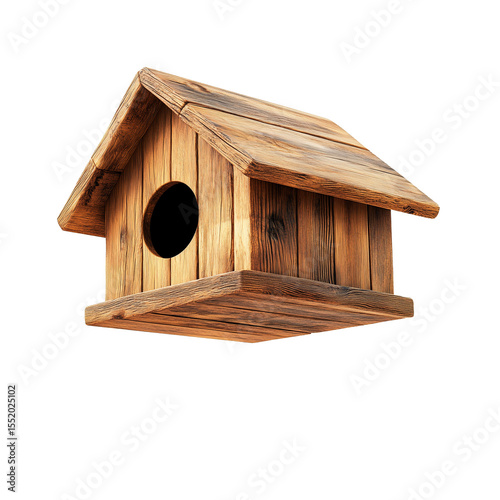Wooden birdhouse isolated on a transparent background. Small birdhouse with pitched roof and round hole in the front. Classic bird nesting box made of wood for outdoor use or design mockups.