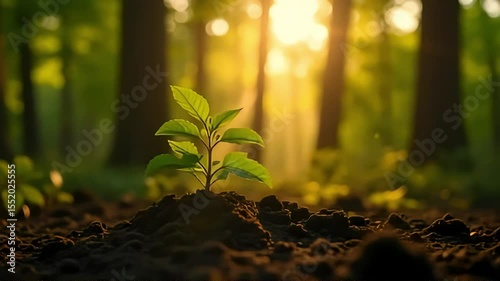 A young seedling sprouts in a sunlit forest showcasing nature's resilience and the beauty of new growth in a tranquil woodland setting.