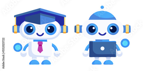 Two Cute Cartoon Robots Graduate and Standard Model Smiling and Holding Spheres on transparent background This image shows two adorable cartoon robots one