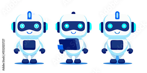 Three Cheerful Cartoon Robots in White and Blue Poses on transparent background This image features three cute cartoon robots various poses The robots