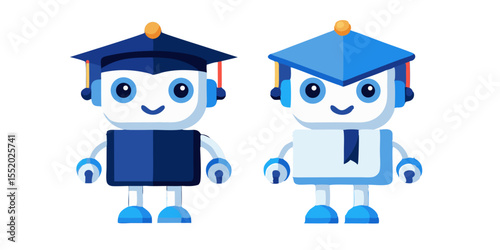 Two Cartoon Robot Graduates Wearing Caps and Gowns Smiling Isolated on Transparent Background This image features two cute robot characters dressed graduates The