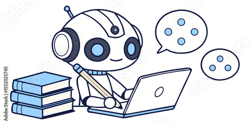 Cute Cartoon Robot Working on Laptop with Books and Thinking Bubbles on transparent background charming cartoon robot depicted working laptop books nearby bubbles