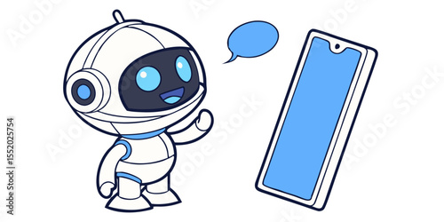 Cute Cartoon Robot Interacting with a Smartphone Featuring a Speech Bubble Isolated on Transparent Background charming cartoon robot waves hello smartphone The image