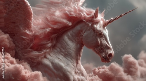 Majestic unicorn with wings soaring through a dreamy pink cloudscape under a mystical sky