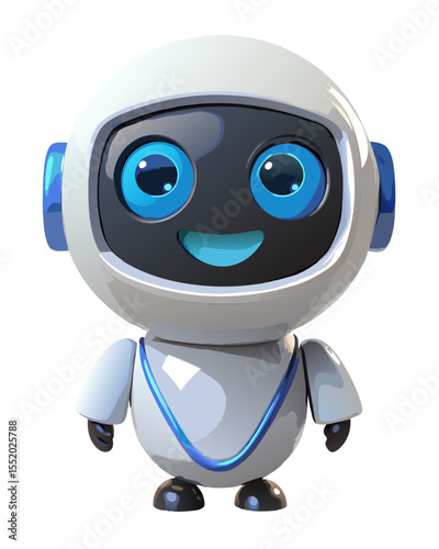 Cute Cartoon Robot Character with Big Blue Eyes and a Friendly Smile on transparent background This adorable cartoon robot features white body blue