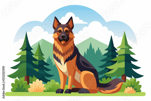 High-quality cartoon illustration of a German Shepherd dog sitting obediently with a friendly expression. Ideal for pet-related designs, educational materials, veterinary branding, dog training conten