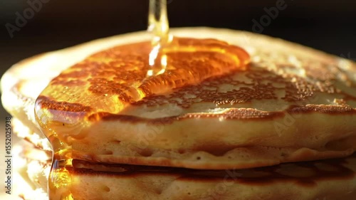 Slow-Motion Pouring of Golden Maple Syrup Over Fluffy Pancakes in Morning Light