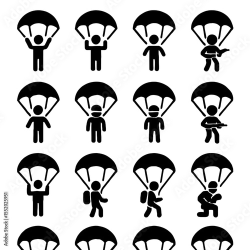 Diverse Parachuting Figures in Simple Silhouette Style