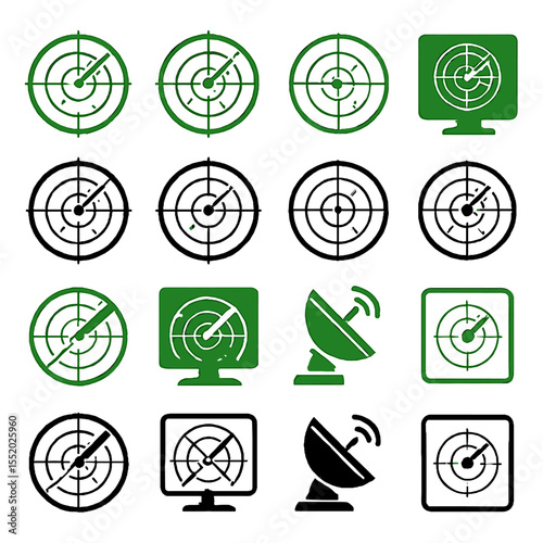 Diverse Radar Icons Depicting Detection, Navigation, and Communication Systems.