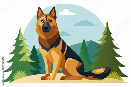 High-quality cartoon illustration of a German Shepherd dog sitting obediently with a friendly expression. Ideal for pet-related designs, educational materials, veterinary branding, dog training conten