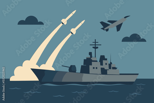 Flat Illustration of a Warship Launching Missiles with a Fighter Jet Overhead