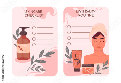 Skincare and Beauty Routine Checklist Cards with Cosmetics and a young woman in a towel. Flat vector illustration of skincare checklist with cosmetic products, planners, self-care content,beauty blogs