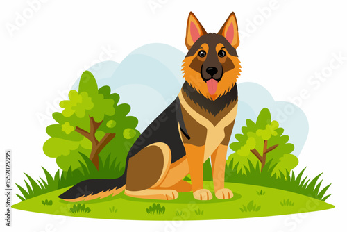 High-quality cartoon illustration of a German Shepherd dog sitting obediently with a friendly expression. Ideal for pet-related designs, educational materials, veterinary branding, dog training conten